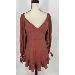 Saints + Secrets Mini Dress Womens Size Medium Rust Ruffle Balloon Sleeve Boho